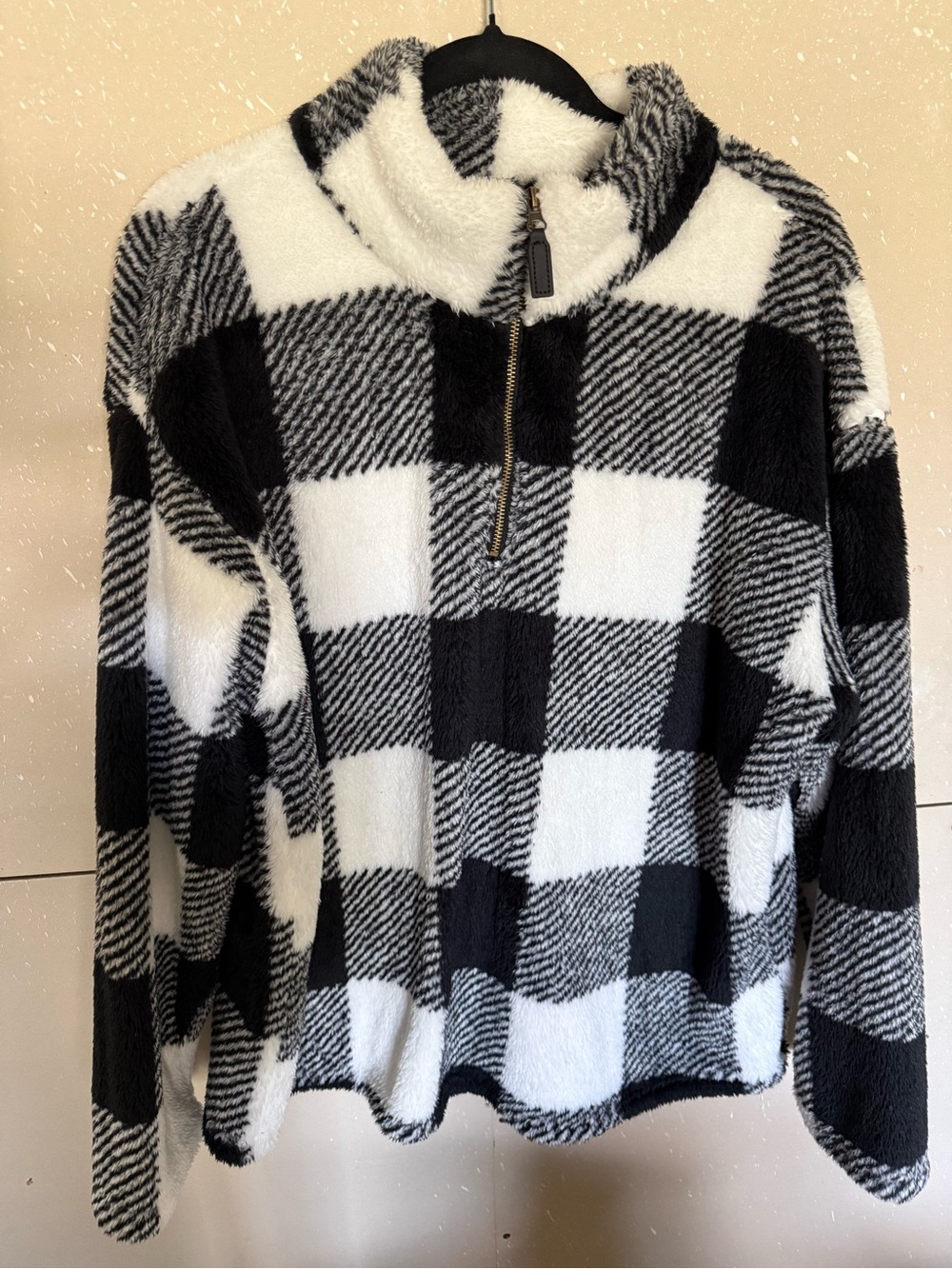 Black & White Plaid Half-Zip Fleece Sweater